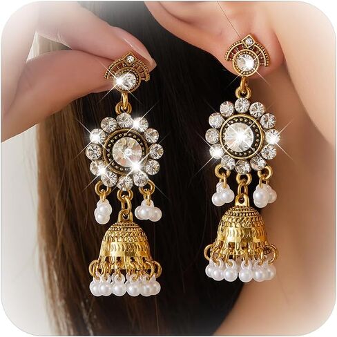 أقراط Jhumkas الهندية للنساء الهنديات بوليوود الثريا القرصية أقراط الذهب العرقي العرقي التقليدي Jhumka jhumki حلقات الزفاف حفل زفاف حفلة موسيقية في المجوهرات in Kuwait