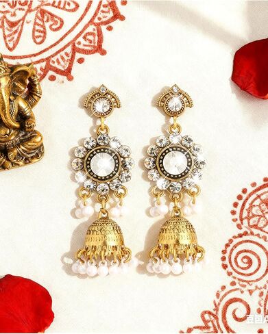أقراط Jhumkas الهندية للنساء الهنديات بوليوود الثريا القرصية أقراط الذهب العرقي العرقي التقليدي Jhumka jhumki حلقات الزفاف حفل زفاف حفلة موسيقية في المجوهرات in Kuwait