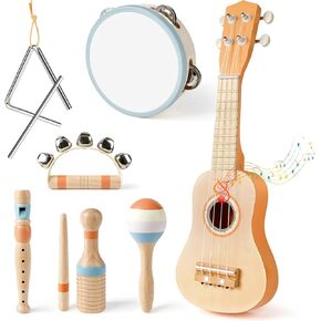 Kids Guitar Set - 7 in 1 Musical Instruments for for Toddlers 2-4, Wooden Musical Toys for 3 4 5 Year Old Boy & Girls Easter Birthday Gifts, Band Sets with Ukulele/Tambourine/Maracas Toys for Kids 3-5 in Kuwait