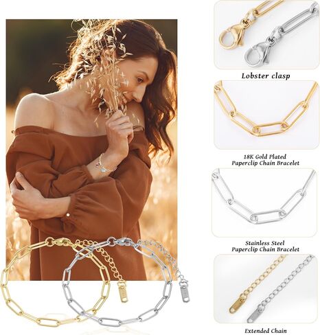 30pcs paperclip Charm Bracelets سلسلة لصنع المجوهرات ، 6.3 بوصة 18K سوار سوار مطلي بالذهب DIY مع مشابك جراد البحر (الذهب) in Kuwait