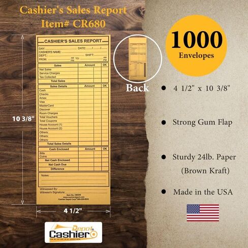 500 Cashier Depot HM305 Cashier's Sales Report Envelope, 4 1/2" x 10 3/8", Kraft 24lb, Gum Flap (500 Envelopes) in Saudi Arabia