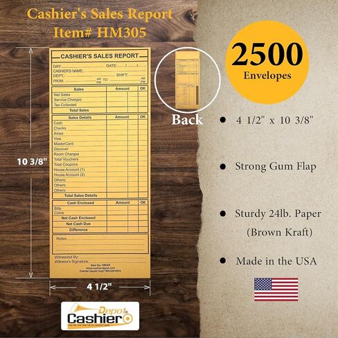 500 Cashier Depot HM305 Cashier's Sales Report Envelope, 4 1/2" x 10 3/8", Kraft 24lb, Gum Flap (500 Envelopes) in Saudi Arabia