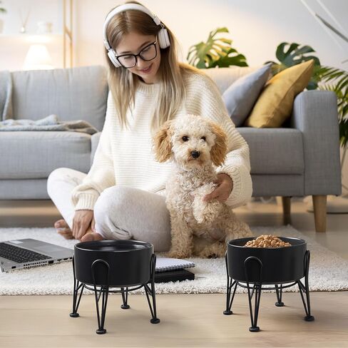 Elevated Dog Bowls, Ceramic Raised Dog Bowl Set with Anti-Slip and Non-Tip Metal Stand, 2 Pack Pet Food and Water Feeding Bowls for Small and Medium Dogs (White,7.6 Cups) in Kuwait