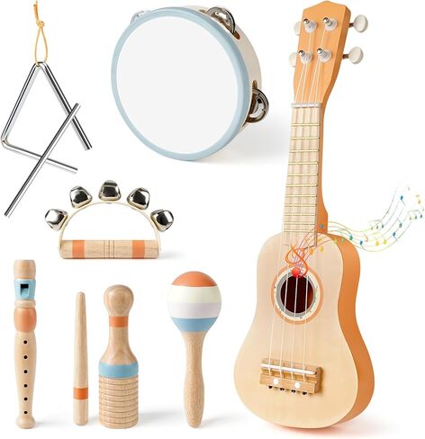 Kids Guitar Set - 7 in 1 Musical Instruments for for Toddlers 2-4, Wooden Musical Toys for 3 4 5 Year Old Boy & Girls Easter Birthday Gifts, Band Sets with Ukulele/Tambourine/Maracas Toys for Kids 3-5 in Kuwait