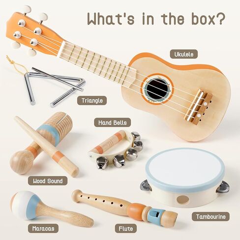 Kids Guitar Set - 7 in 1 Musical Instruments for for Toddlers 2-4, Wooden Musical Toys for 3 4 5 Year Old Boy & Girls Easter Birthday Gifts, Band Sets with Ukulele/Tambourine/Maracas Toys for Kids 3-5 in Kuwait