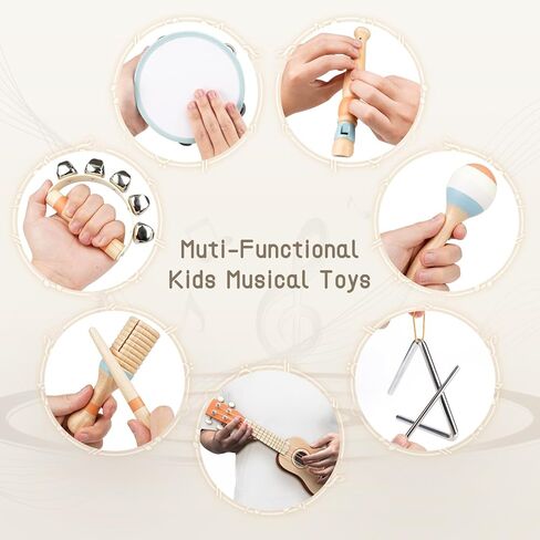 Kids Guitar Set - 7 in 1 Musical Instruments for for Toddlers 2-4, Wooden Musical Toys for 3 4 5 Year Old Boy & Girls Easter Birthday Gifts, Band Sets with Ukulele/Tambourine/Maracas Toys for Kids 3-5 in Kuwait