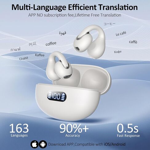 AI Language Translation Earbuds Real Time, IAMJOY Language Translator Earbuds Open Ear Clip-On Design, 163 Language & Accents Two-Way Translator Device with APP for Travel Learning Business, Black in Kuwait