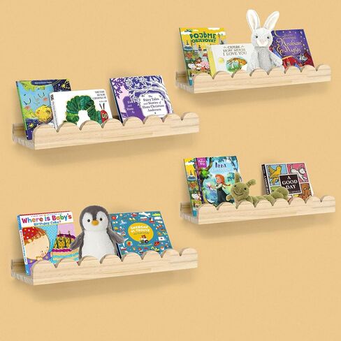 Floating Nursery Book Shelves with Hooks-20Inches Scalloped Shelves for Bedroom Kids Set of 3, Nursery Bookshelf for Kids Room Decor, Natural in Saudi Arabia