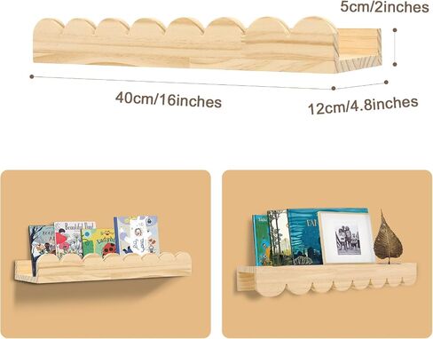 Floating Nursery Book Shelves with Hooks-20Inches Scalloped Shelves for Bedroom Kids Set of 3, Nursery Bookshelf for Kids Room Decor, Natural in Saudi Arabia