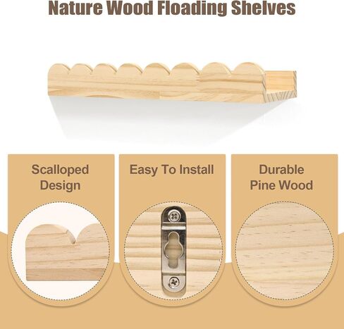 Floating Nursery Book Shelves with Hooks-20Inches Scalloped Shelves for Bedroom Kids Set of 3, Nursery Bookshelf for Kids Room Decor, Natural in Saudi Arabia