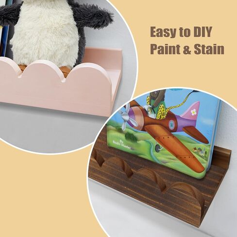 Floating Nursery Book Shelves with Hooks-20Inches Scalloped Shelves for Bedroom Kids Set of 3, Nursery Bookshelf for Kids Room Decor, Natural in Saudi Arabia