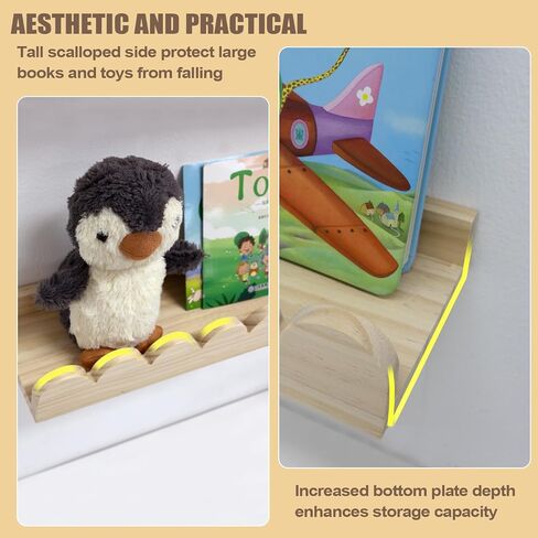 Floating Nursery Book Shelves with Hooks-20Inches Scalloped Shelves for Bedroom Kids Set of 3, Nursery Bookshelf for Kids Room Decor, Natural in Saudi Arabia