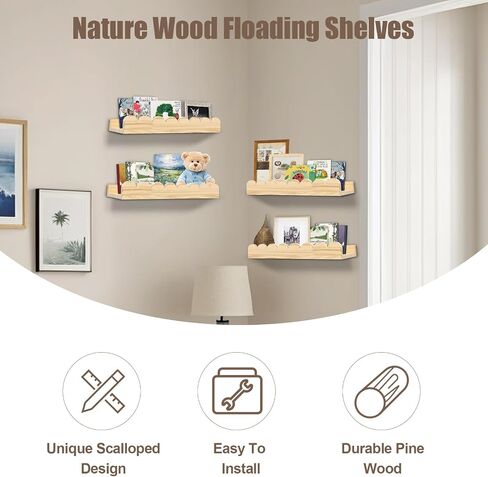 Floating Nursery Book Shelves with Hooks-20Inches Scalloped Shelves for Bedroom Kids Set of 3, Nursery Bookshelf for Kids Room Decor, Natural in Saudi Arabia
