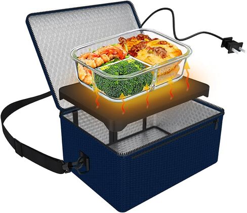 Portable Oven, 12V 24V 110V-240V Car Food Warmer Portable Personal Mini Oven Electric Heated Lunch Box for Meals Reheating & Raw Food Cooking for Road Trip/Camping/Picnic/Family Gathering(Black) in Kuwait