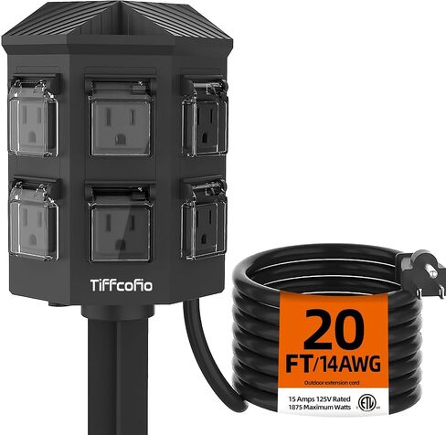 Outdoor Power Strip with Stake Waterproof, 10 FT Extension Cord, 6 Grounded Outlets for Outdoor Lights, 14 AWG, 15A/1875W, ETL Listed in Saudi Arabia