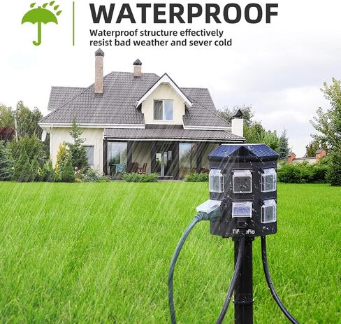 Outdoor Power Strip with Stake Waterproof, 10 FT Extension Cord, 6 Grounded Outlets for Outdoor Lights, 14 AWG, 15A/1875W, ETL Listed in Saudi Arabia