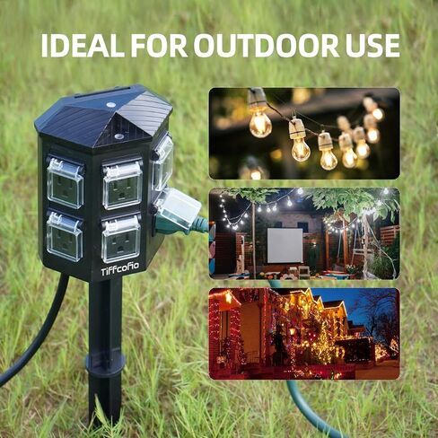 Outdoor Power Strip with Stake Waterproof, 10 FT Extension Cord, 6 Grounded Outlets for Outdoor Lights, 14 AWG, 15A/1875W, ETL Listed in Saudi Arabia