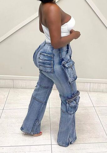 LKOUS Casual Cargo Jeans for Women, Zip Side Slit Denim Pants with Multi Pockets in Kuwait