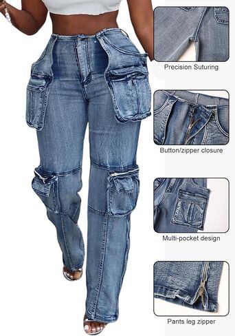 LKOUS Casual Cargo Jeans for Women, Zip Side Slit Denim Pants with Multi Pockets in Kuwait