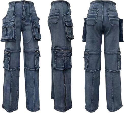 LKOUS Casual Cargo Jeans for Women, Zip Side Slit Denim Pants with Multi Pockets in Kuwait