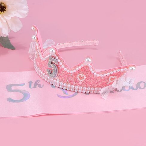 Chanaco 6th Birthday decorations Pearl Birthday Crown for 6 Year Old Girls 6th Birthday Sash and Tiara Outfit Pink Glitter Heart Headband Hair Accessories Cute Bow Headpieces for Party in Saudi Arabia