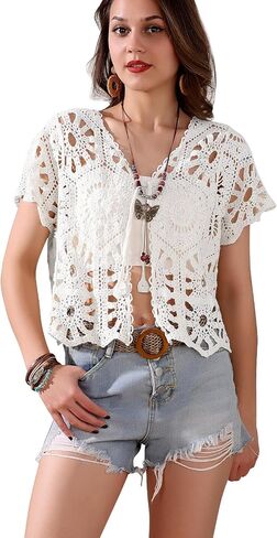 Women's Short Sleeve Open Front Boho Hollow Out Crochet Cardigan Shrug Sweater Beige in Kuwait