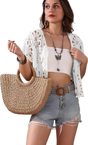Women's Short Sleeve Open Front Boho Hollow Out Crochet Cardigan Shrug Sweater Beige in Kuwait