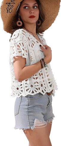 Women's Short Sleeve Open Front Boho Hollow Out Crochet Cardigan Shrug Sweater Beige in Kuwait