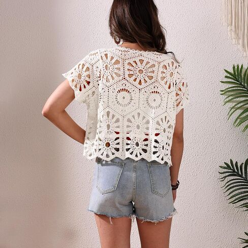 Women's Short Sleeve Open Front Boho Hollow Out Crochet Cardigan Shrug Sweater Beige in Kuwait