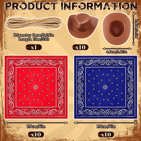 Leitee 20 Sets Mini Cowboy Hats for Crafts Plastic Tiny Cowgirl Hat with Bandannas for Western Cowboy Party Decoration (Red, Brown) in Kuwait