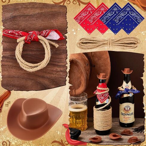 Leitee 20 Sets Mini Cowboy Hats for Crafts Plastic Tiny Cowgirl Hat with Bandannas for Western Cowboy Party Decoration (Red, Brown) in Kuwait