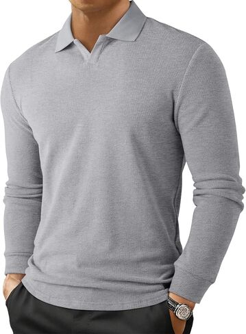 JMIERR Men's Muscle V Neck Polo Shirt Slim Fit Ribbed Knit Golf T-Shirt Long Sleeve Athletic Workout Tee in Saudi Arabia