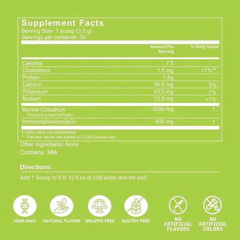 مسحوق اللبأ البقري الذي يتغذى على العشب للبشر - مكمل اللبأ IgG الطبيعي لصحة الأمعاء ودعم المناعة وتعافي العضلات والعافية | اللبأ النقي سوبر فود، بدون نكهة (90 جرام) in Kuwait