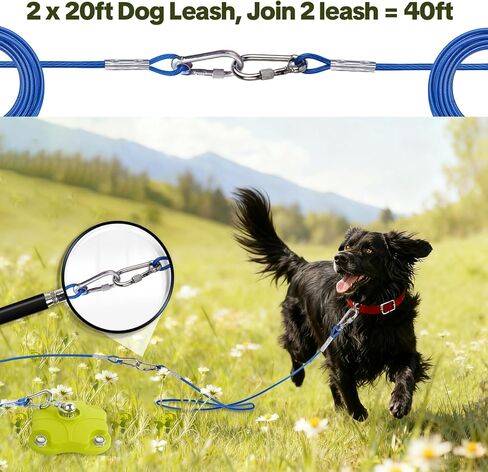 Heavy-Duty Dog Tie Out Stake with 2X20FT Tangle-Free Cables-360° Swivel Anchor, 200LBS Capacity-Stainless Steel&Aluminum Alloy for Two Dogs (Outdoor Camping/Yard)(Dog Stake+2X20ft Cable/200lbs) in Kuwait
