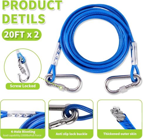 Heavy-Duty Dog Tie Out Stake with 2X20FT Tangle-Free Cables-360° Swivel Anchor, 200LBS Capacity-Stainless Steel&Aluminum Alloy for Two Dogs (Outdoor Camping/Yard)(Dog Stake+2X20ft Cable/200lbs) in Kuwait