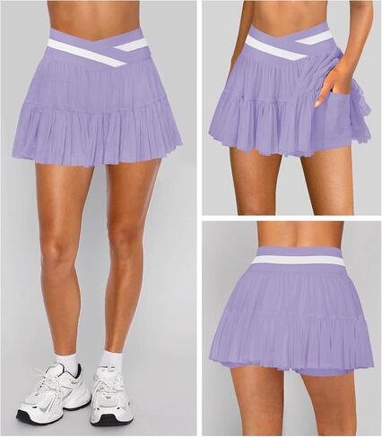 Women's Pleated Flowy Ruffle Tennis Skirt Skort for Women Crossover High Waisted Mini Athletic Skirt with Shorts Pocket in Kuwait