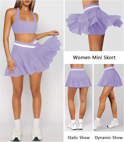 Women's Pleated Flowy Ruffle Tennis Skirt Skort for Women Crossover High Waisted Mini Athletic Skirt with Shorts Pocket in Kuwait