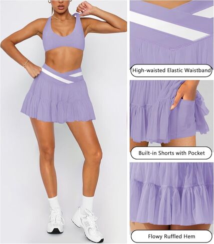 Women's Pleated Flowy Ruffle Tennis Skirt Skort for Women Crossover High Waisted Mini Athletic Skirt with Shorts Pocket in Kuwait