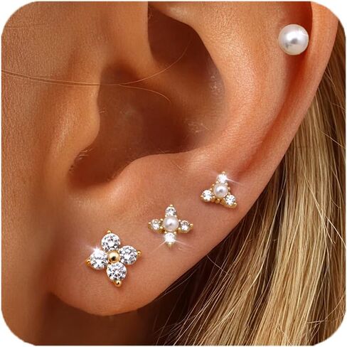 14K Gold Plated 925 Sterling Silver Stud Earrings for Women | Hypoallergenic Cartilage Earring for Sensitive Ears | Dainty Flower Chain Small Studs Hoop Earring Stacks Gold Stud Earrings Set in Saudi Arabia