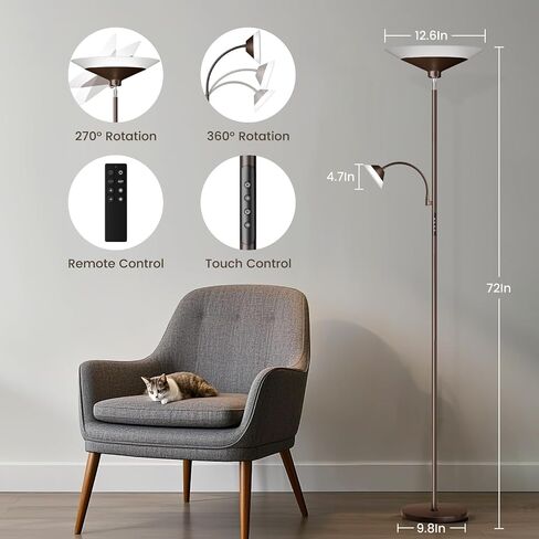 Upgraded 2-in-1 Torchiere Floor Lamp, Dimmable Standing Lamp with Remote&Touch Control, 34W Brightness Adjustable Floor Reading Light, Black Modern Corner Lamp for Living Room Bedroom Office in Saudi Arabia