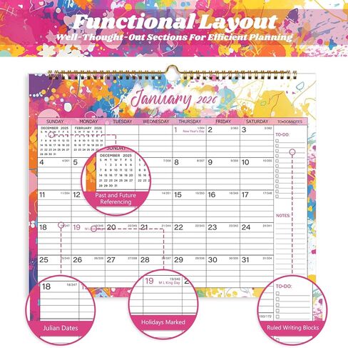 2025-2026 Wall Calendar, Calendar 2025-2026, 18 Month Calendar July 2025 - December 2026, 14.8" X 11.5", Calendar with Twin-Wire Binding, Hanging Hook and Julian Dates (Seasonal Designs) in Kuwait