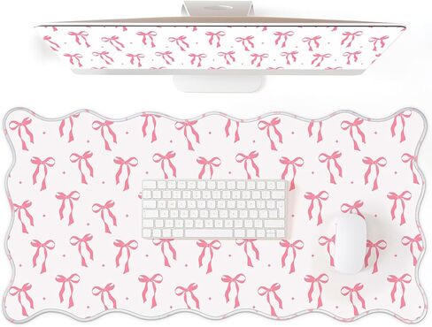 Coquette Bow Desk Mat Pink Bow Pad Scalloped Desk for لوحة مفاتيح Mouse كبيرة اللطيف غير القابل للانزلاق حصيرة الكمبيوتر 31.5 "× 15.7" (لطيف) in Kuwait