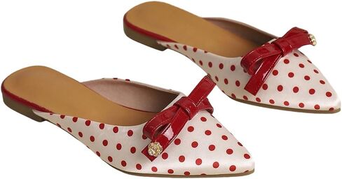 MakeMeChic Women's Polka Dots Bow Knot Flat Sandals PU Leather Pointed Toe Elegant Shoes in Kuwait