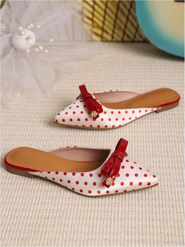MakeMeChic Women's Polka Dots Bow Knot Flat Sandals PU Leather Pointed Toe Elegant Shoes in Kuwait