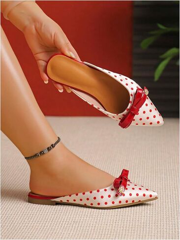MakeMeChic Women's Polka Dots Bow Knot Flat Sandals PU Leather Pointed Toe Elegant Shoes in Kuwait