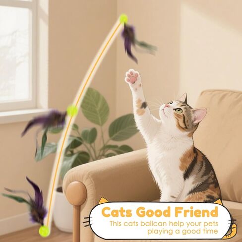 SHENGSEN Feather Wand Cat Toy，Bouncy Ball with Tail Cat Toys，Magic Worm with Large Colorful Ball Toy for Cats，Cat Feather Toys for Indoor Cats,Colorful Fuzzy Worm Bouncy Balls Cat Toy in Kuwait