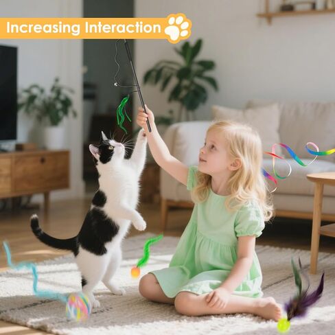 SHENGSEN Feather Wand Cat Toy，Bouncy Ball with Tail Cat Toys，Magic Worm with Large Colorful Ball Toy for Cats，Cat Feather Toys for Indoor Cats,Colorful Fuzzy Worm Bouncy Balls Cat Toy in Kuwait