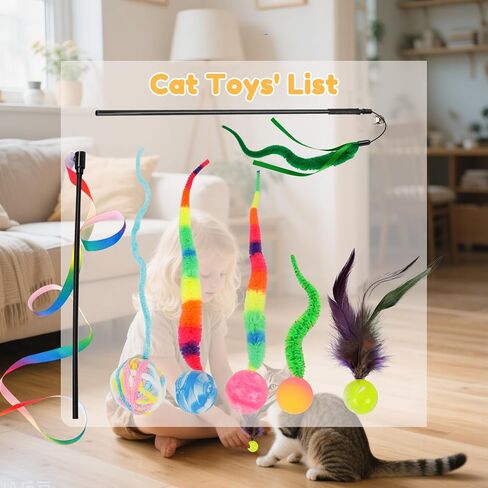 SHENGSEN Feather Wand Cat Toy，Bouncy Ball with Tail Cat Toys，Magic Worm with Large Colorful Ball Toy for Cats，Cat Feather Toys for Indoor Cats,Colorful Fuzzy Worm Bouncy Balls Cat Toy in Kuwait