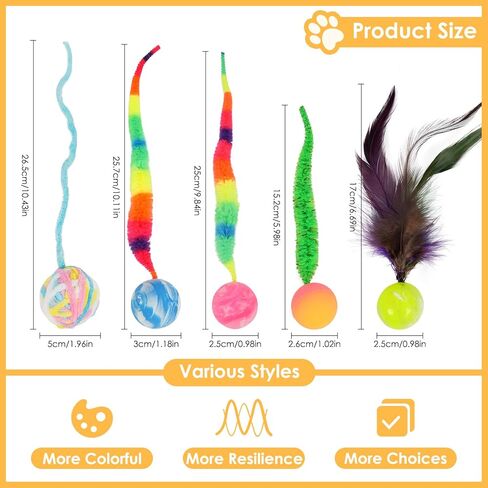 SHENGSEN Feather Wand Cat Toy，Bouncy Ball with Tail Cat Toys，Magic Worm with Large Colorful Ball Toy for Cats，Cat Feather Toys for Indoor Cats,Colorful Fuzzy Worm Bouncy Balls Cat Toy in Kuwait