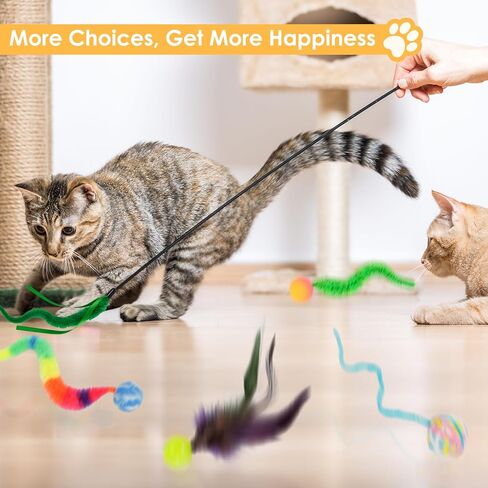 SHENGSEN Feather Wand Cat Toy，Bouncy Ball with Tail Cat Toys，Magic Worm with Large Colorful Ball Toy for Cats，Cat Feather Toys for Indoor Cats,Colorful Fuzzy Worm Bouncy Balls Cat Toy in Kuwait